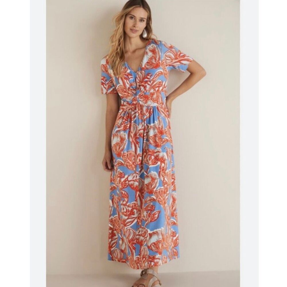 Soft Surroundings Spritzer Maxi Dress Size Medium Floral Short Sleeve V-Neck